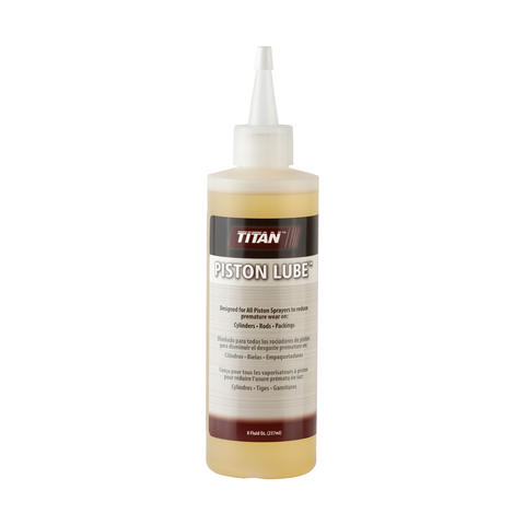 Front label image of the 8oz bottle of Titan piston lube
